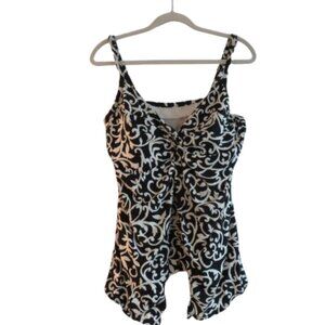 MIRACLESUIT Black and White Flyaway Swim Tankini in Love Scroll Knot - Size US 8